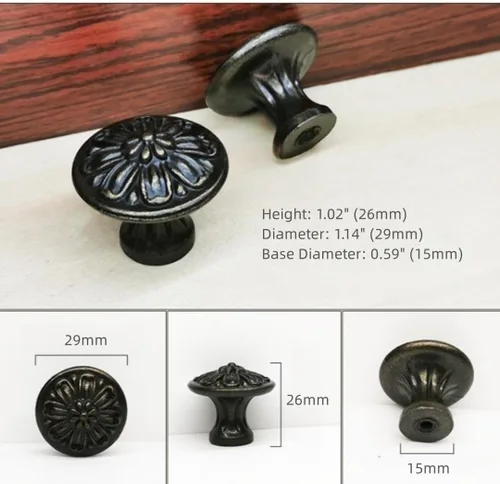 Miniatura 5 de Pomo de un solo agujero negro antiguo con diseño de pétalos vintage americano, accesorios de gabinete de aleación de zinc para tiradores de cocina