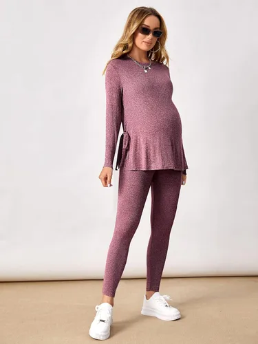 Miniatura 5 de OYOANGLE Conjunto de camiseta de maternidad con cuello redondo y nudo lateral para mujer