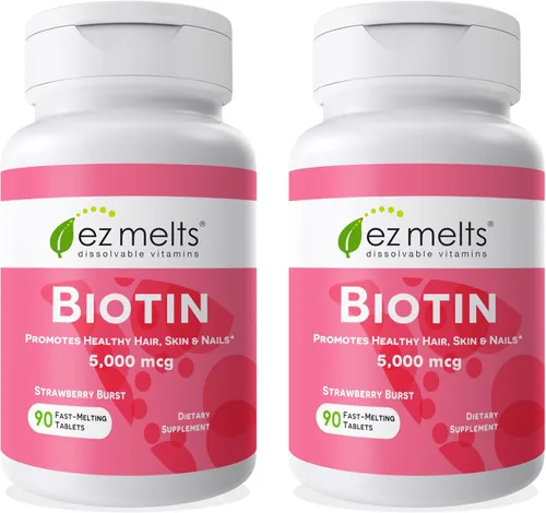 Miniatura 10 de EZ Melts Biotin, vitaminas solubles, 5 000 mcg, cero azúcar, sabor natural a fresa, libre de organismos genéticamente modificados, pastillas