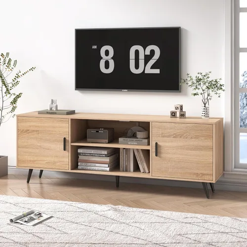 Miniatura 3 de Soporte de TV moderno de mediados de siglo, 70 pulgadas para TV de 75 pulgadas, madera con almacenamiento, centro de entretenimiento para sala