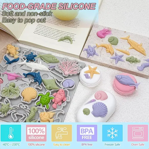 Miniatura 4 de Molde de silicona para pastel de temática marina, concha, coral, concha, tortuga, tiburón, forma de tiburón, para chocolate, caramelo, hielo, canle