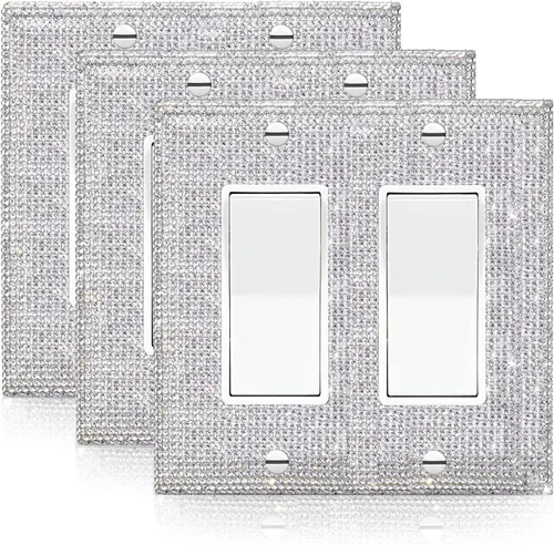 Miniatura 20 de 1 PC Cubierta de placa de pared con diamantes de imitación brillantes en plata, cubre interruptores eléctricos, cubierta decorativa para interruptor