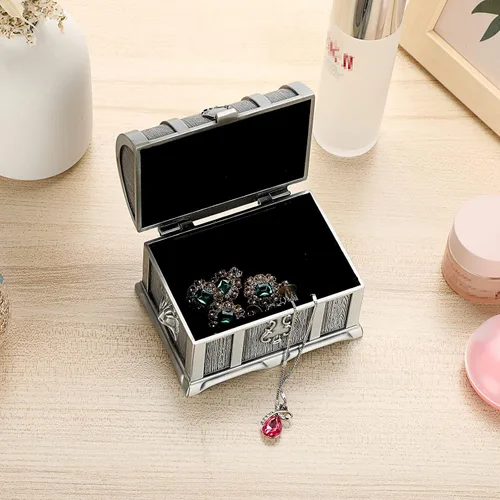 Miniatura 9 de Hipiwe Joyero de metal vintage, baúl del tesoro, aretes, collar, recuerdo, regalo para niñas, damas y mujeres (tamaño pequeño)