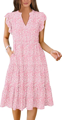 Miniatura 7 de ANRABESS Vestido de verano para mujer, manga con volantes, cuello en V, vestido midi a la moda, casual, holgado, escalonado, bohemio, playa