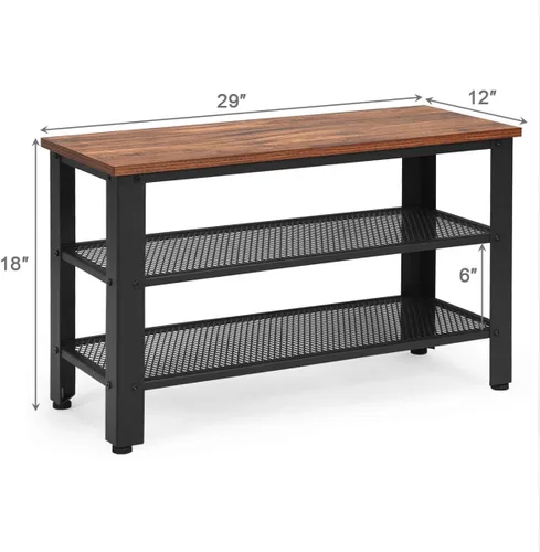 Miniatura 2 de Giantex Zapatero de 3 niveles, banco de zapatos industrial con 2 estantes de almacenamiento de malla y asiento para entrada, puerta delantera