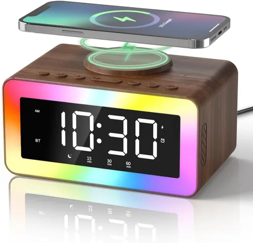 Reloj despertador con carga inalámbrica, altavoz Bluetooth, máquina de sonido de ruido blanco/marrón con luz nocturna, relojes despertadores