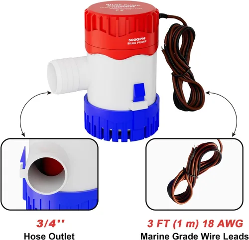 Miniatura 2 de Sanuke Bomba de achique de 500 GPH, salida de 3/4", eléctrica de 12V para accesorios de bomba de agua marina sumergible para barco, bomba de agua