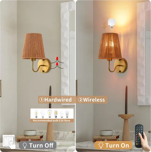 Miniatura 5 de Juego de 2 apliques de pared bohemios que funcionan con pilas, con pantalla de ratán dorado, luces de pared inalámbricas con bombillas recargables