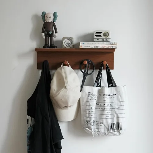 Miniatura 9 de Perchero de entrada con ganchos y estante, estante organizador de pared flotante de madera resistente con 4 ganchos adecuado para entrada, despensa