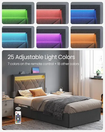 Miniatura 3 de VASAGLE Base de cama LED tamaño individual, cama individual con cabecera y 4 cajones, 1 puerto USB y 1 puerto tipo C, cabecera tapizada ajustable
