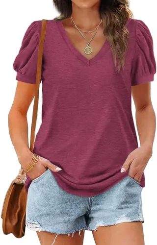 Miniatura 2 de WIHOLL - Blusas de verano para mujer, con cuello en V y mangas abullonadas, camisetas de moda casual