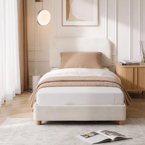 Estructura de cama en forma de nube BERRY NEST, estructura de cama suave de bouclé con cabecero ajustable, patas de madera maciza, diseño de
