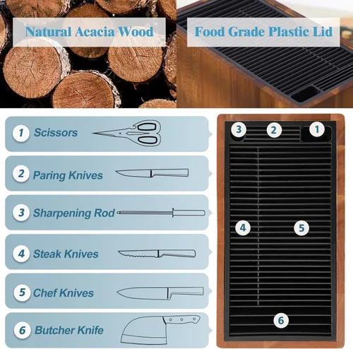 Miniatura 3 de ENOKING Portacuchillos XXL de Madera de Acacia – Bloque Universal Grande para Cuchillos con Ranuras de Protección de Cuchillas, Capacidad para Más
