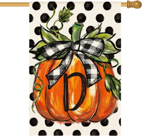 AVOIN colorlife Bandera de casa con monograma de otoño con letra D, diseño de lunares, calabaza, de 28 x 40 pulgadas, doble cara exterior, pequeña