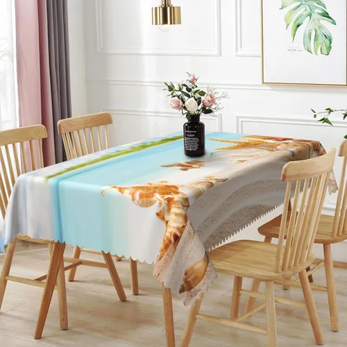Miniatura 32 de Mantel oblongo, diseño de playa de 52 x 70 pulgadas, diseño de playa con estrellas de mar y olas de mar, con decoración impermeable y resistente a