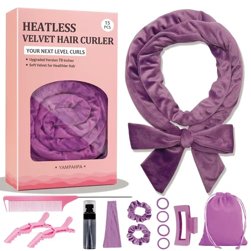 Miniatura 12 de Cintillo para rizos sin calor durante la noche, 177.8 cm de rizador de pelo sin calor para cabello medio largo, color rosado