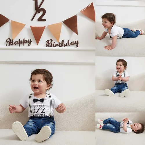 Miniatura 26 de Conjunto de ropa de cumpleaños para bebé niño pequeño, con tirantes, pantalones de mezclilla rasgados