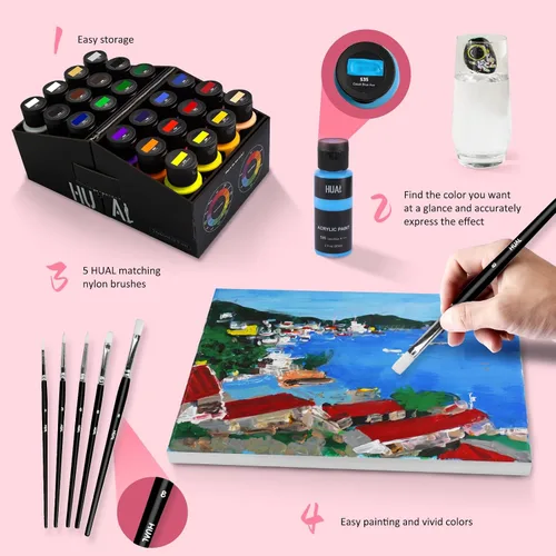 Miniatura 8 de HUAL Juego de pintura acrílica con 5 pinceles, 24 colores (2.0 fl oz, 2 onzas) para artistas, niños, principiantes y pintores