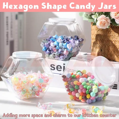 Miniatura 5 de Atarvana Juego de 4 tarros de plástico para caramelos de 72 onzas, recipientes hexagonales para dulces con tapas herméticas para bufé de dulces