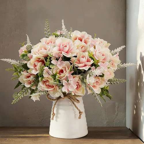 LESING Flores artificiales con jarrón para centros de mesa, flor de gardenia de seda falsa en decoración de jarrón para fiesta en casa oficina (rosa)