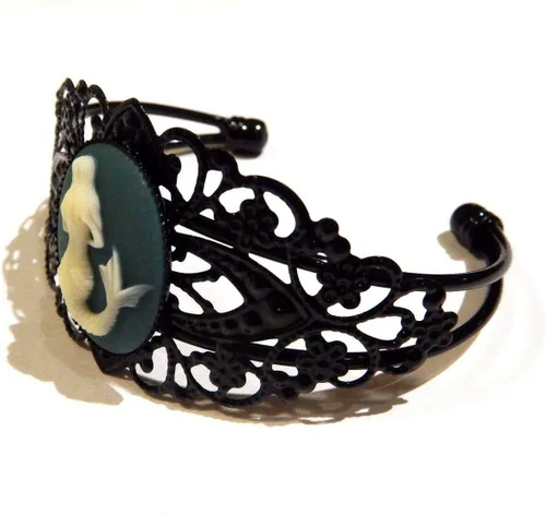 Miniatura 3 de Brazalete de filigrana de sirena de metal negro con diseño de sirena, color verde azulado, color marfil, Metal Metal pintura resina sintética