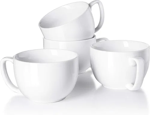 Teocera Juego de 4 tazas de café grandes de 16 onzas, tazas de porcelana blanca gruesa para capuchino, café con leche, té y chocolate caliente,