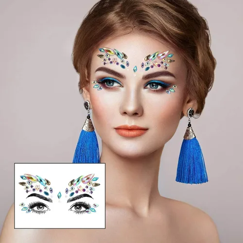 Miniatura 7 de AOMIG Gemas faciales con purpurina, 6 calcomanías de diamantes de imitación para la cara, joyas de cara de sirena, piedras preciosas de lágrimas