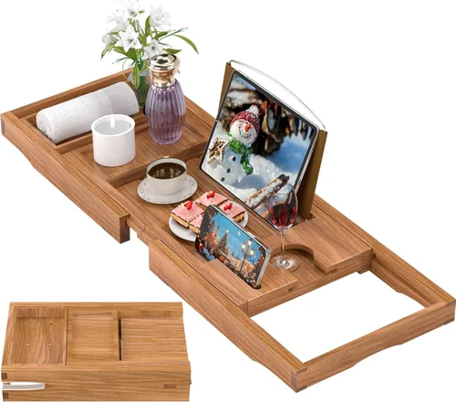 Miniatura 14 de Bandeja de bañera de madera de acacia, bandeja de baño plegable para bañera, bandejas de mesa de baño expandibles, accesorios de bañera y baño