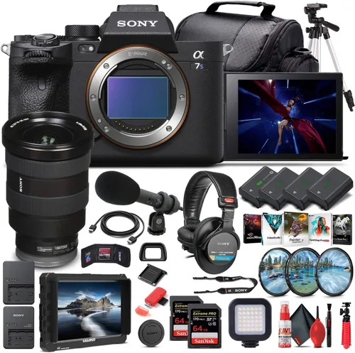 Sony Cámara digital sin espejo Alpha a7S III (solo cuerpo) (ILCE7SM3/B) + lente Sony FE de 0.630-1.378 in + monitor 4K + auriculares Pro + micrófono