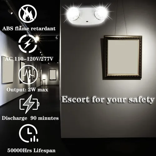 Miniatura 3 de Luces de emergencia LED con batería de respaldo, luz de emergencia comercial, dos cabezales de luz LED ajustables, calificación UL 924, AC120/277V