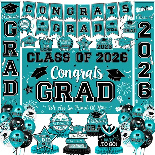 Miniatura 18 de Decoraciones de graduación 2026, juego de decoraciones de graduación rojo y negro con pancarta y telón de fondo de felicitaciones, letrero