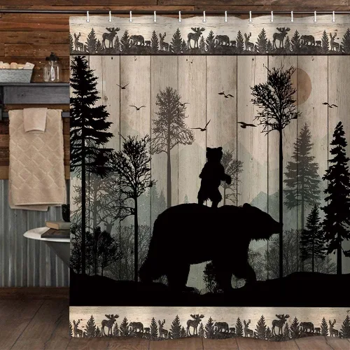 Miniatura 4 de Torich Juego de cortinas de ducha de oso rústico, diseño de bosque y bosque, caza, animales, cabaña, tablero de madera, decoración de baño
