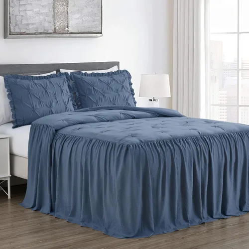 Chezmoi Collection Aria - Juego de colcha plisada de 3 piezas con falda con volantes – French Country Chic Farmhouse – Queen, color azul polvoriento