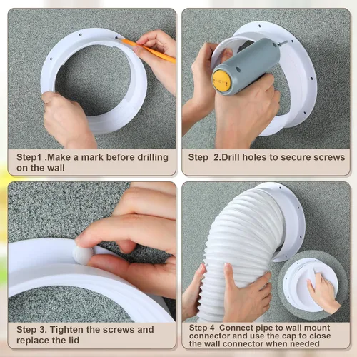 Miniatura 4 de 1 juego de conectores de montaje en pared de doble tamaño blanco para manguera de escape de CA portátil acoplador de manguera de escape