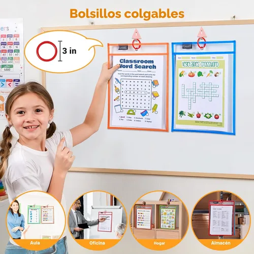 Miniatura 5 de Gamenote - Paquete de 30 bolsillos de borrado en seco con 5 anillas, 10 colores surtidos, fundas de plástico reutilizables de gran tamaño de 10x14