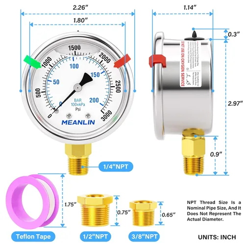 Miniatura 22 de MEANLIN MEASURE Medidor de presión de acero inoxidable relleno de líquido de 0 ~ 300 psi, esfera de cara NPT de 2 pulgadas para compresor de aire