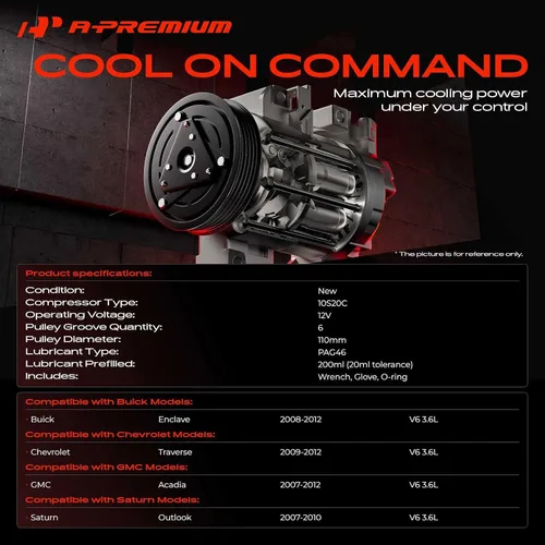 Miniatura 2 de A-Premium Compresor de A/C con embrague compatible con Chevrolet Traverse 2009-2012, GMC Acadia 2007-2012, Buick Enclave 2008-2012, Saturn Outlook