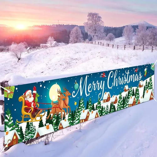 Cartel de Navidad al aire libre, gran tela azul decoraciones de Feliz Navidad con Papá Noel renos regalos de fondo, cartel de Navidad para patio
