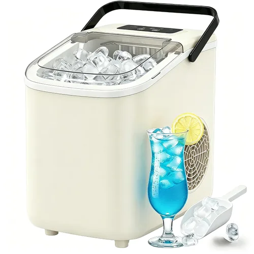 Miniatura 9 de Máquina de hielo para encimera con asa, pequeña máquina de hielo portátil autolimpiante con cesta y cuchara, 26 libras/24 horas, 9 cubitos de hielo