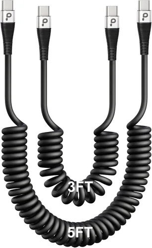 Miniatura 17 de Cable USB C de carga rápida, paquete de 2 cables de carga USB A a USB C en espiral de 3 pies para automóvil, cable de carga USB-C compatible