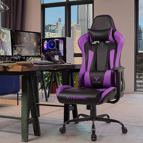 Miniatura 2 de Silla de juegos, silla ergonómica de carreras de respaldo alto con soporte lumbar y reposacabezas, silla de escritorio para computadora para niña