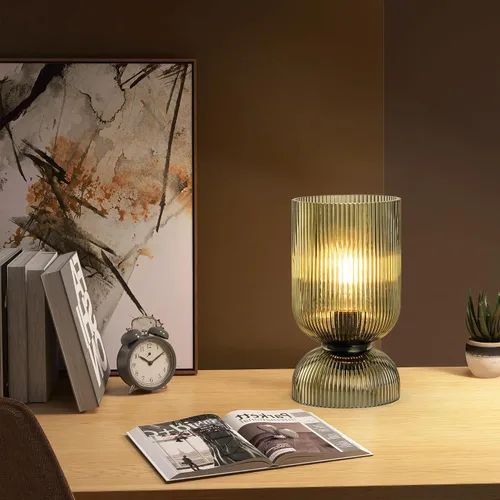 Miniatura 4 de Lámpara de mesa moderna, lámpara de vidrio de mediados de siglo con pantalla de vidrio verde, lámpara de cabecera con interruptor