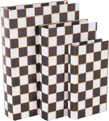 Miniatura 10 de Deco 79 Caja decorativa de piel sintética con forma de libro con patrones circulares negros y dorados, juego de 3 cajas decorativas de recuerdo