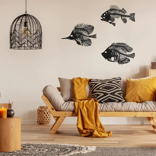Miniatura 4 de Zhengmy 3 piezas de arte de pared de metal, escultura de pescado colgante de hueso de pescado de metal, decoración de pared rústica, estilo náutico