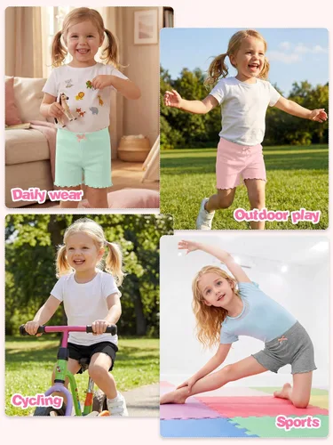Miniatura 6 de Ruisita Paquete de 6 pantalones cortos con volantes para niños pequeños y niñas, pantalones cortos de bicicleta con ruedas de ruedas, pantalones