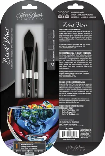 Silver Brush Limited WC-3000S - Juego de acuarela Master de terciopelo negro, juego de 3 pinceles, forro de escritura tamaño 1, tamaño de lavado