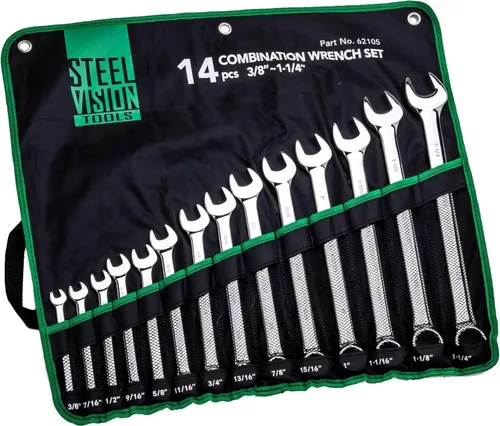Steel Vision Pro - Juego de Llaves Combinadas SAE de 14 Piezas - Acero CR-V de Servicio Pesado, Pulido Espejo, Antioxidante, Aberturas de 12 Puntos,
