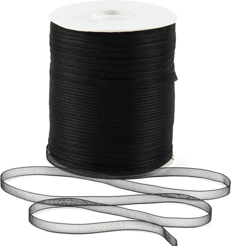 Mayreel Cinta de organza transparente brillante de 1/4 pulgadas, cinta negra de tela fina para manualidades, etiquetas colgantes, tarjetas de