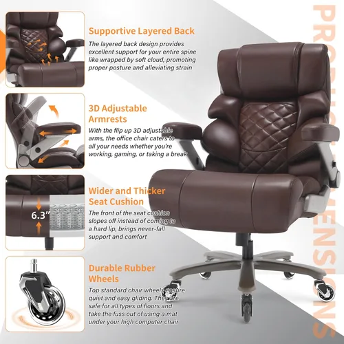 Miniatura 6 de VUZI 700lbs Silla de Oficina Grande y Alta - Silla de Computadora Grande con Soporte Lumbar Ajustable, Brazos Plegables 3D, Ruedas de Tamaño Plus