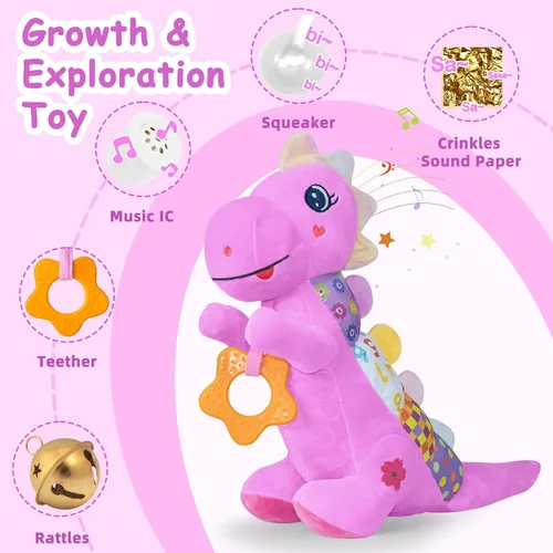 Miniatura 2 de Juguete de peluche suave de dinosaurio para bebés de 0-3-6-12+ meses, juguete musical infantil con sonajero, chirriante, arruga sensorial, mordedor